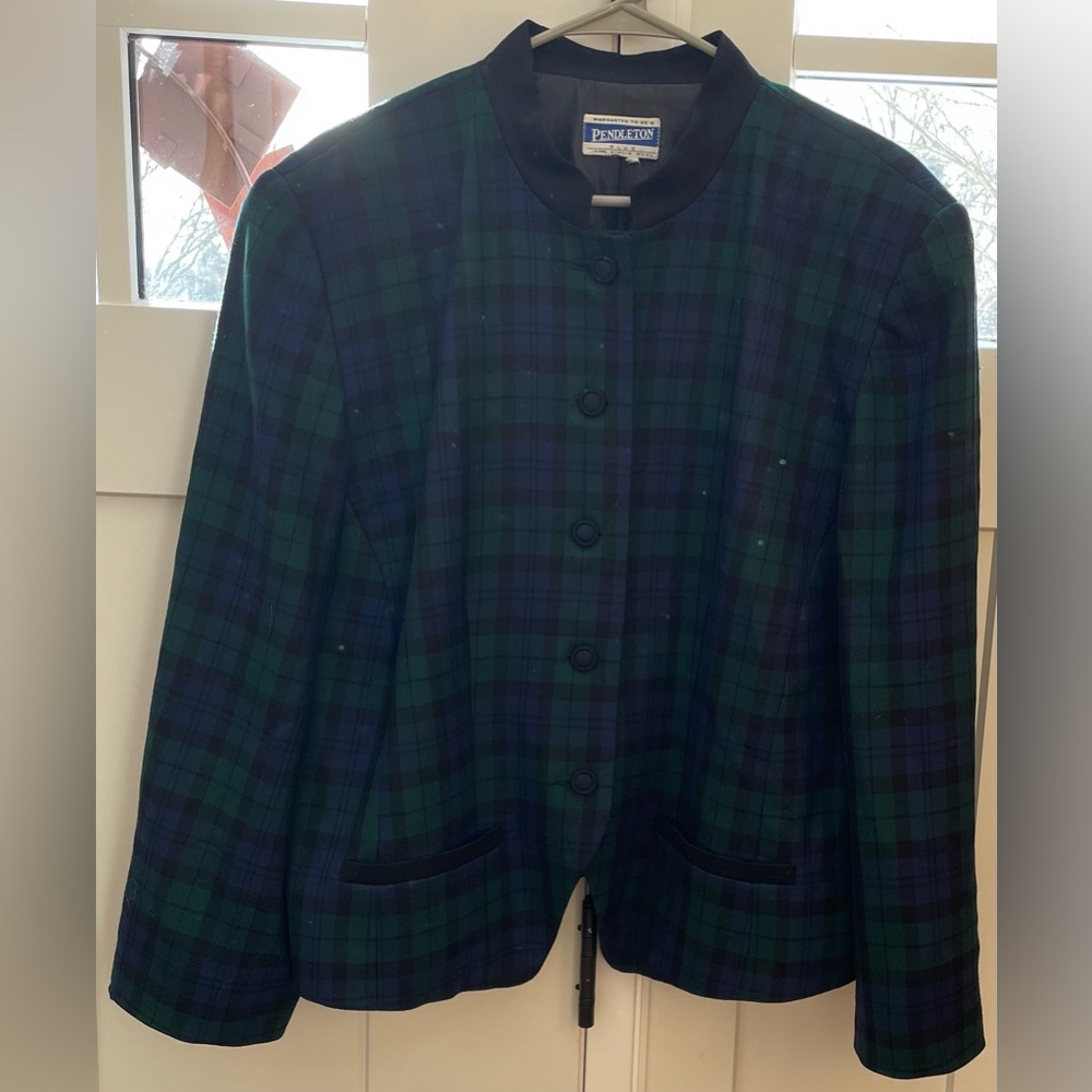Vintage Pendleton 100% wool blazer blue green plaid black trim classic preppy - Picture 7 of 8